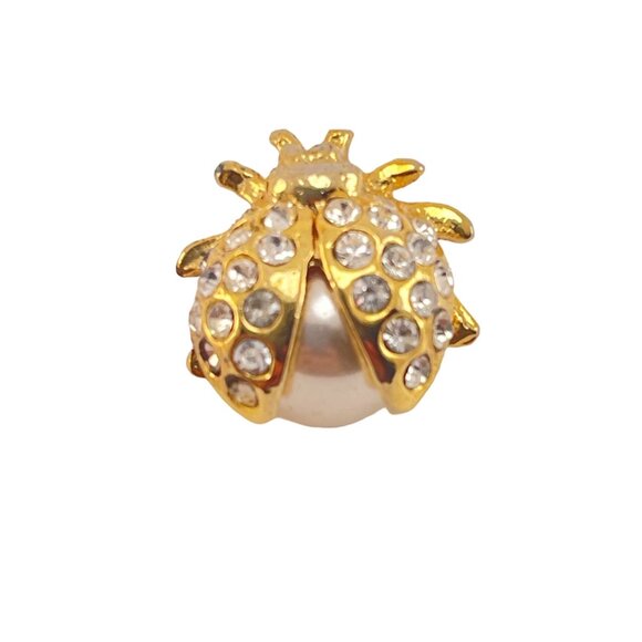 Vintage Gold Ladybug Brooch With Rhinestones & Faux Pearl Accent - Picture 1 of 6